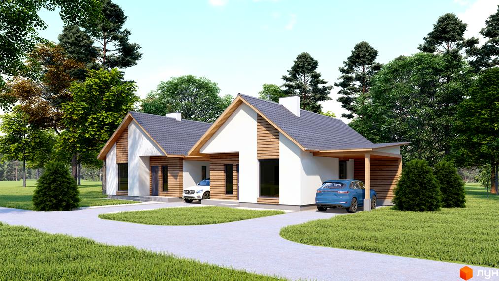 Зображення Котеджного містечка Буде Дім. Підберізці. Двоповерховий будинок з сірим дахом та зеленою прибудинковою територією.