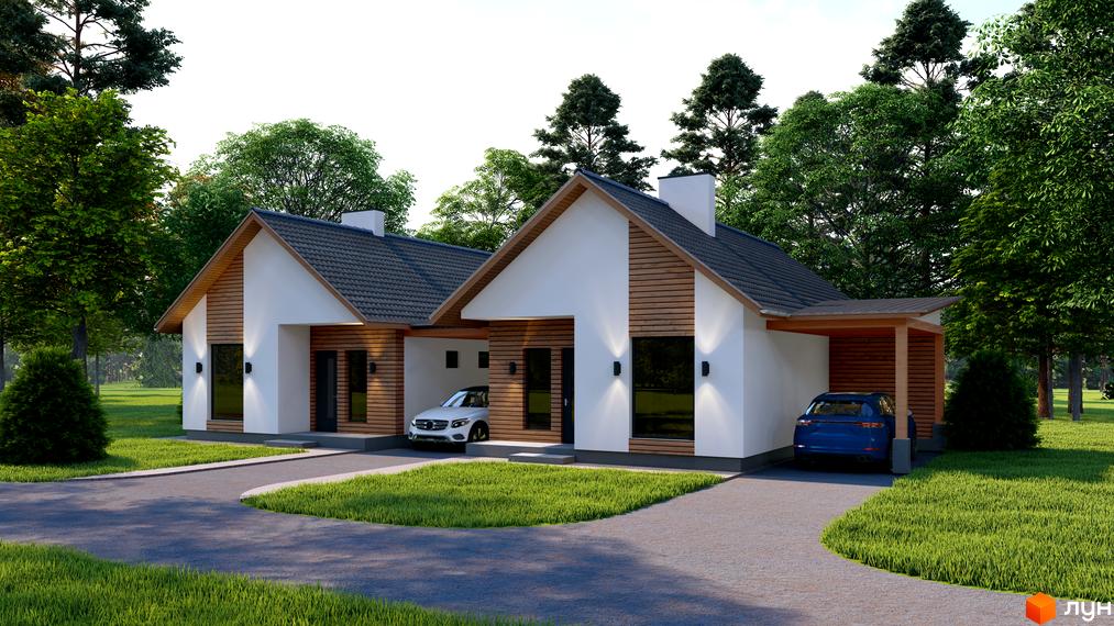 Зображення Котеджного містечка Буде Дім. Підберізці. Двоповерхові будинки з білими стінами та дерев'яним оздобленням, перед будинками зелений газон.