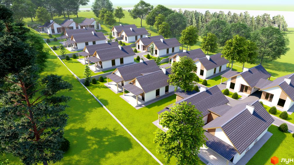 Котеджне містечко Буде Дім. Підберізці: будинки з білими стінами та темними дахами, розташовані серед доглянутих зелених газонів та дерев.