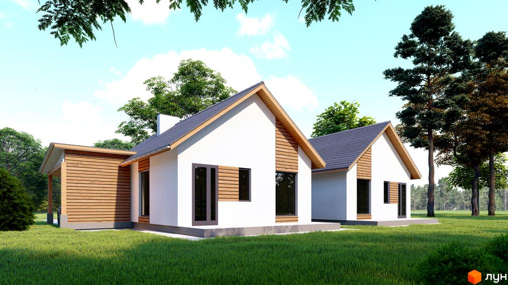 Котеджне містечко Буде Дім. Підберізці: будинки з білими стінами, темними дахами та дерев'яними вставками, розташовані серед зеленого газону та дерев.