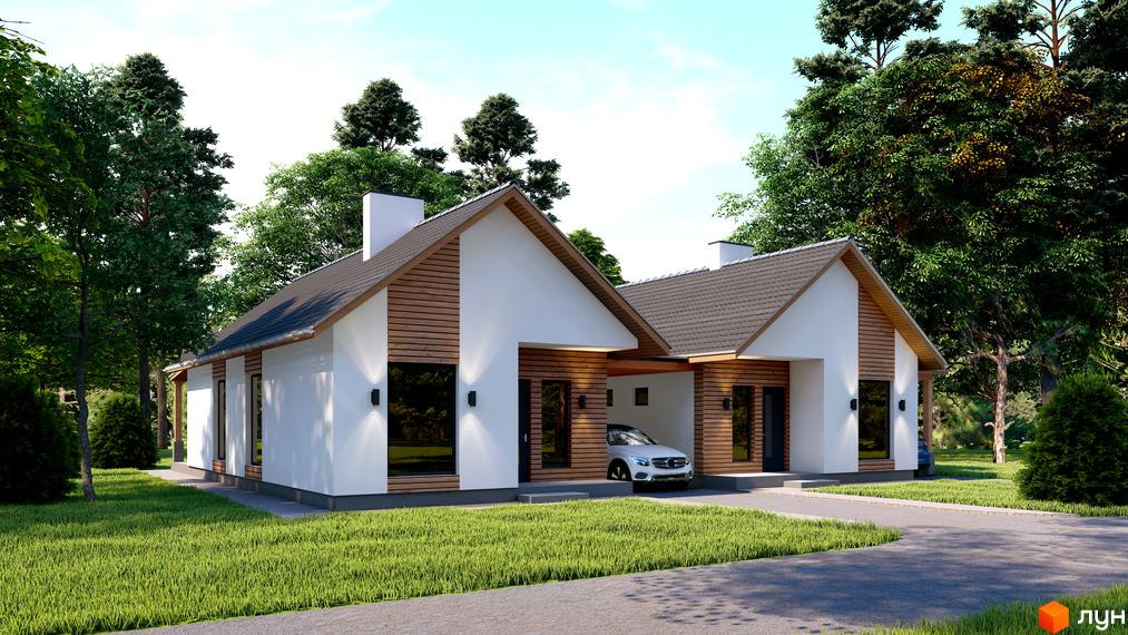 Візуалізація Котеджного містечка Буде Дім. Підберізці, з будинками з білими стінами та дерев'яним оздобленням, зелений газон та дерева навколо.