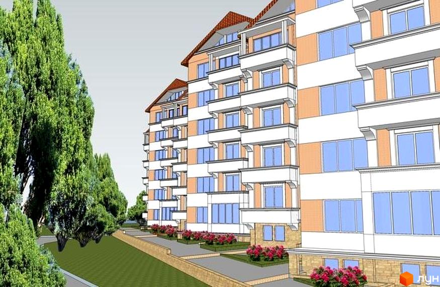 Зовнішній вигляд житлового комплексу Морський з балконами та вікнами. Прибудинкова територія з деревами та клумбами.