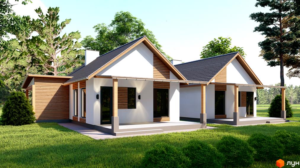 КМ Буде Дім. Підберізці: два будинки з білими стінами, темними дахами та дерев'яним оздобленням, оточені зеленим газоном і деревами.