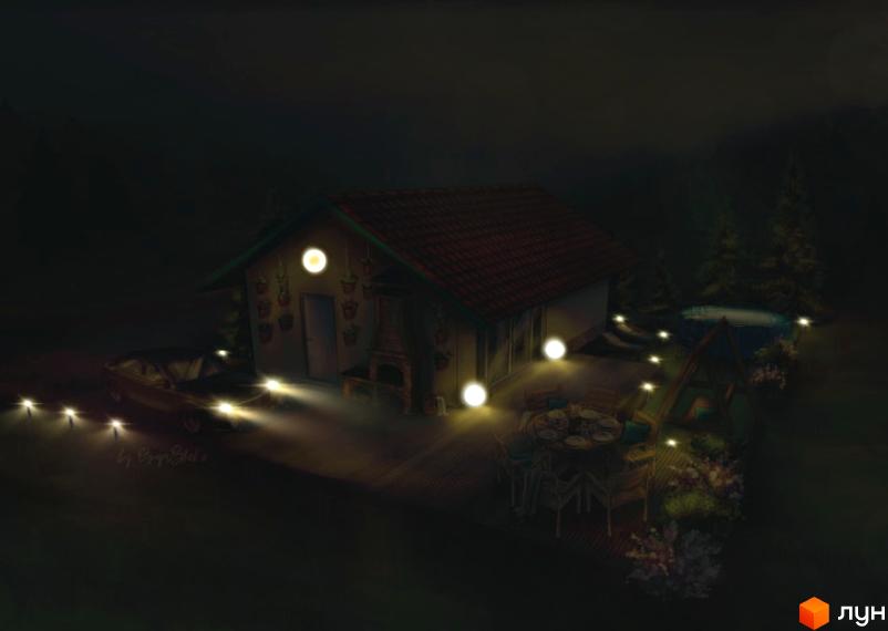 Котеджне містечко NAFTA villas: Будинок з червоним дахом, освітлений вночі. На території розташовані зона відпочинку, басейн та автомобіль.