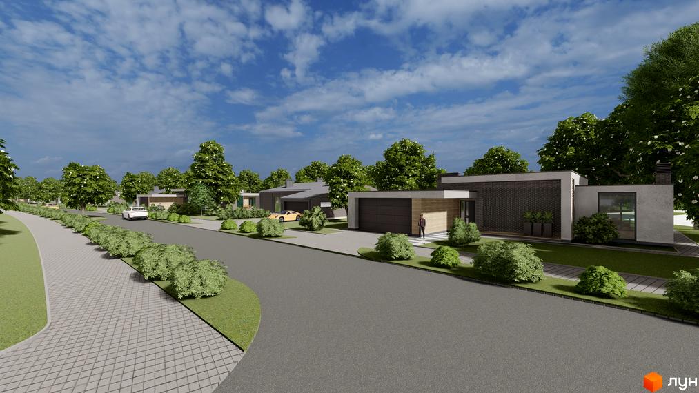 Зображення котеджів у Котеджному містечку NAVY Village з гаражами та озелененою територією. Вигляд на дорогу та тротуар.