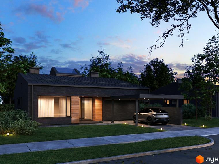 Зображення будинку в Котеджному містечку NAVY Village з прибудинковою територією та автомобілем. Вечірня панорама котеджного містечка.