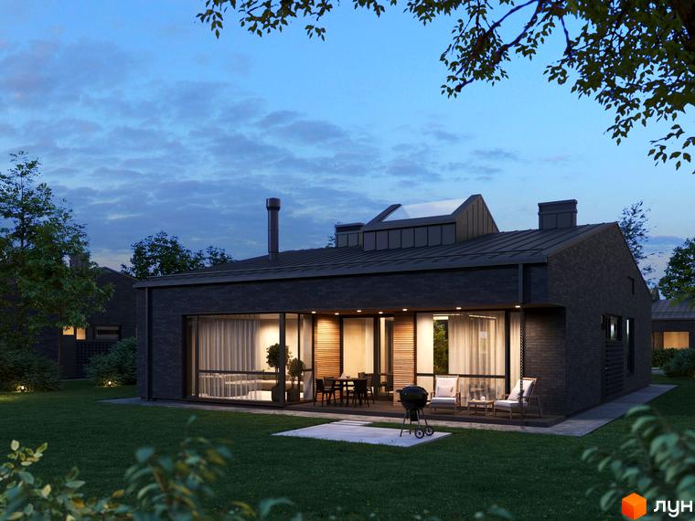 Зображення будинку в Котеджному містечку NAVY Village з великими вікнами та терасою. Навколо будинку зелений газон та дерева.