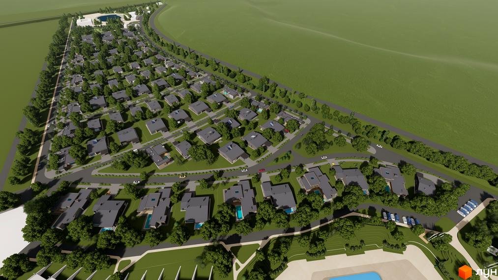 Зображення котеджів з сірими дахами та басейнами на території Містечка котеджів NAVY Village. Навколо зелені дерева та доглянуті газони.