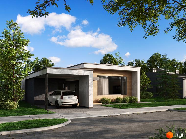 Котеджне містечко NAVY Village. Одноповерховий будинок з дерев'яним оздобленням та навісом для авто, оточений зеленою територією.