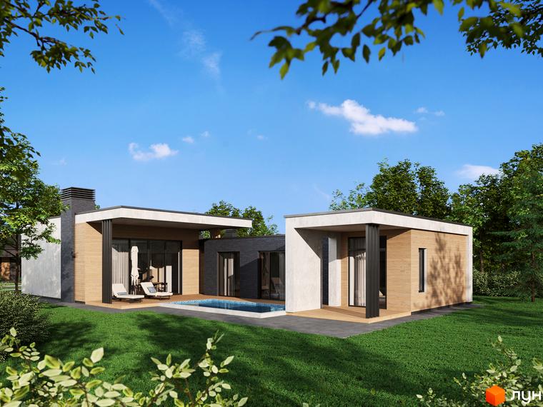 Зображення будинку в Котеджному містечку NAVY Village з басейном та зеленою територією. Вигляд екстер'єру та ландшафтного дизайну.