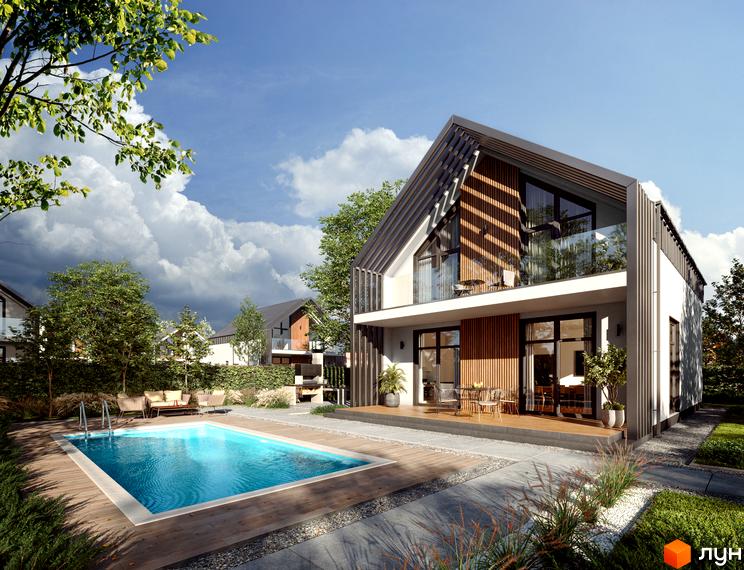 Котеджне містечко Зоряний: двоповерховий будинок з панорамними вікнами та терасою, басейн та зелена зона відпочинку.