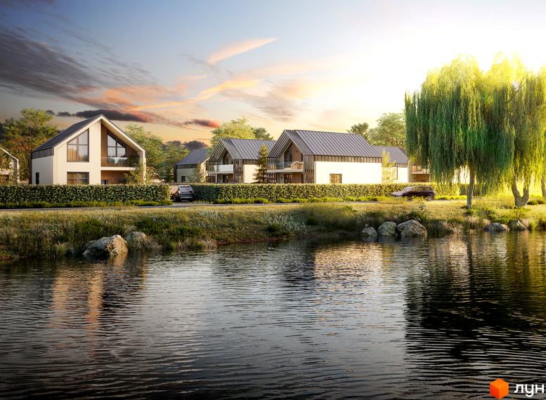 Будинки з двосхилими дахами та панорамними вікнами в Котеджному містечку Зоряний, розташовані біля водойми з зеленими насадженнями.