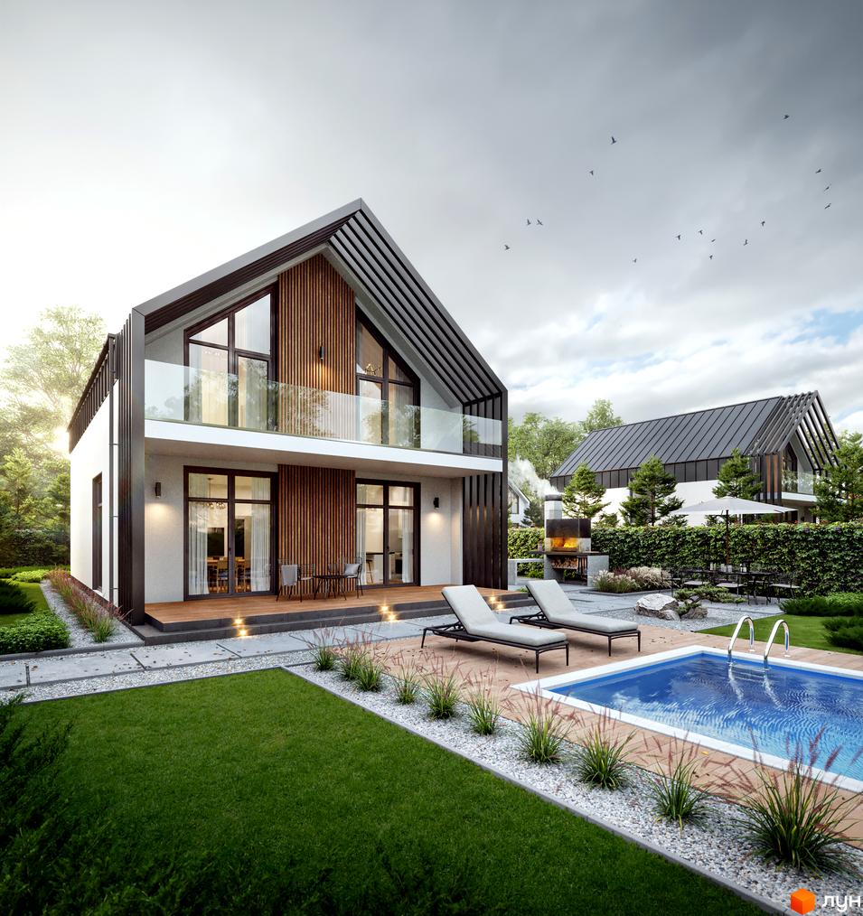 Двоповерховий будинок з великими вікнами та деревʼяним оздобленням фасаду. На прибудинковій території розташований басейн, шезлонги та зелена галявина.