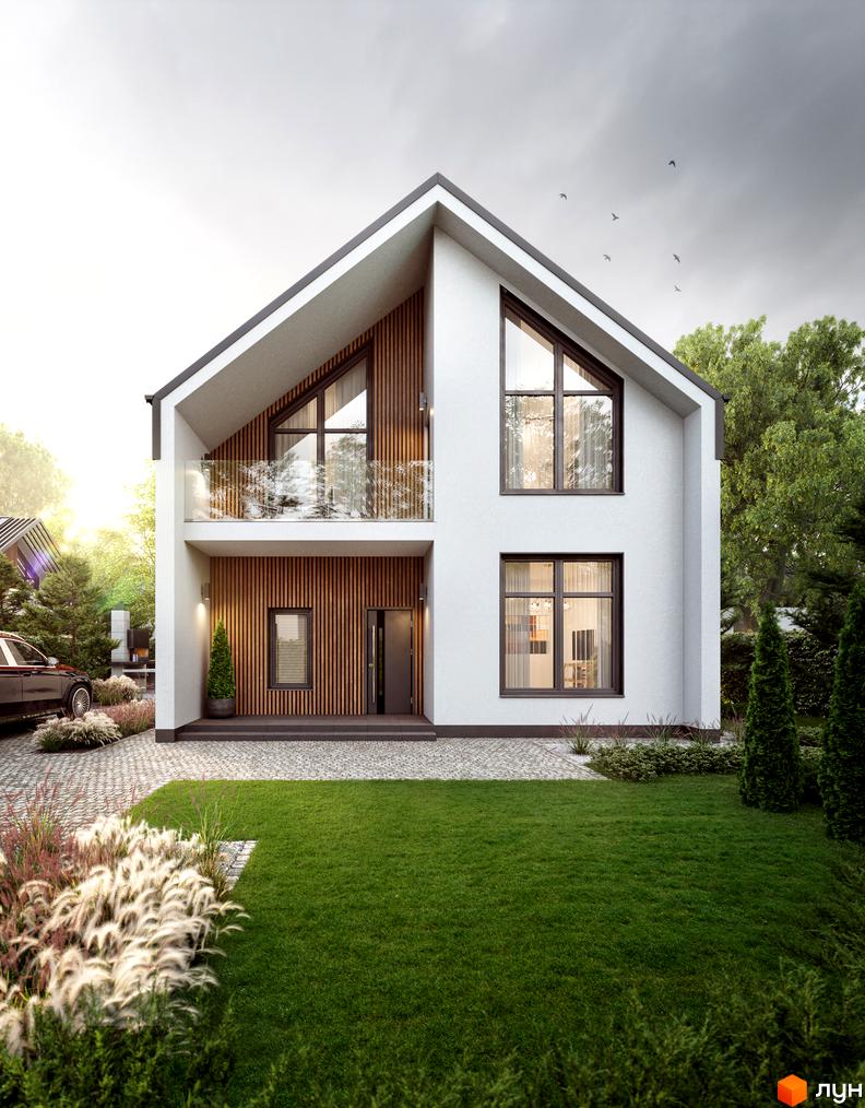 Котеджне містечко КМ Зоряний: двоповерховий будинок з великими вікнами та дерев'яними елементами фасаду, зелена галявина та доглянутий ландшафт.