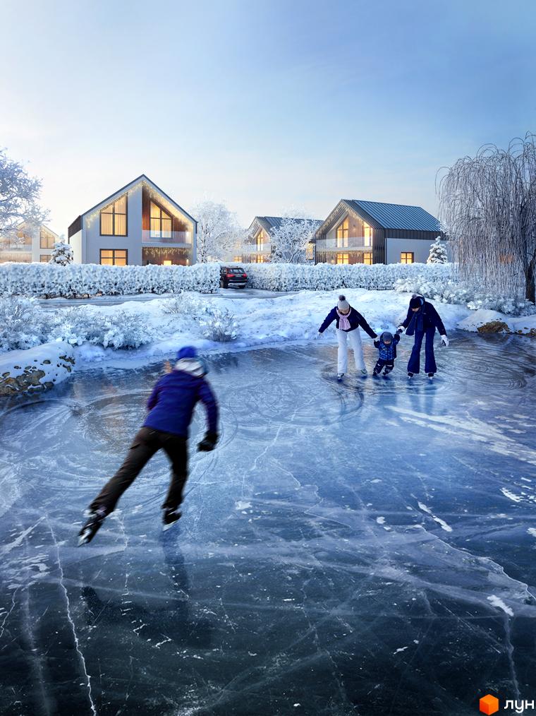 Зимова ідилія у Містечко котеджів Зоряний: будинки з панорамними вікнами та засніжена прибудинкова територія. Сім'я катається на ковзанах.