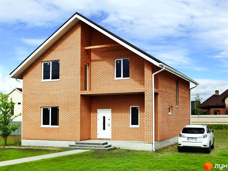 Котеджне містечко КМ Зоряний: двоповерховий цегляний будинок з білими вікнами та дверима, прибудинкова територія з газоном та автомобілем.