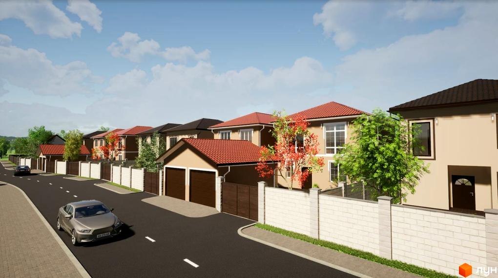 Двоповерхові будинки з бежевими фасадами та червоними дахами на вулиці Новоселів, 70. Вулиця з огорожами, зеленими насадженнями та автомобілями.