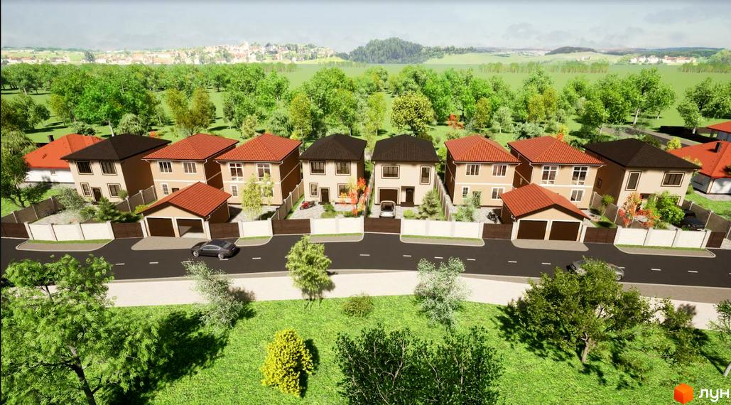 Ряд двоповерхових котеджів з коричневими та темно-коричневими дахами на вул. Новоселів, 70. Навколо будинків зелені газони та дерева.