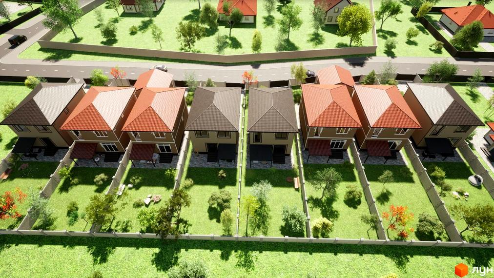 Аерофото Котеджного містечка на вул. Новоселів, 70: двоповерхові будинки з дахами різних відтінків та просторими зеленими дворами.