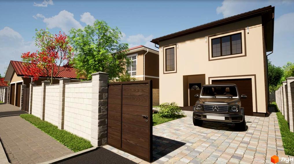 Двоповерховий бежевий будинок з темно-коричневим дахом та гаражем. Перед будинком брукована доріжка з автомобілем та біла цегляна огорожа.