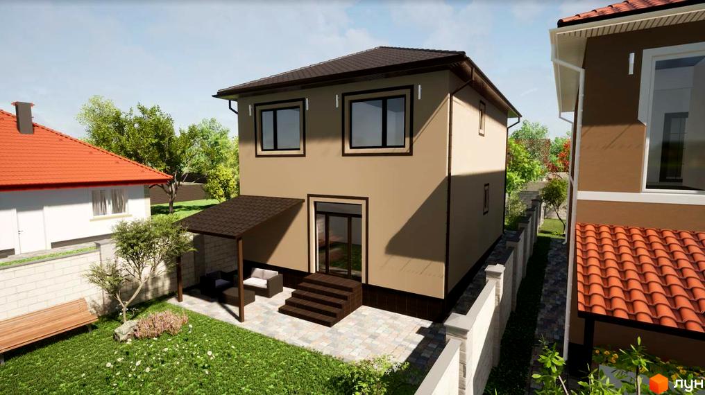 Новобудова на вул. Новоселів, 70: двоповерховий будинок з коричневим дахом та світлим фасадом. Прибудинкова територія з газоном, терасою та огорожею.