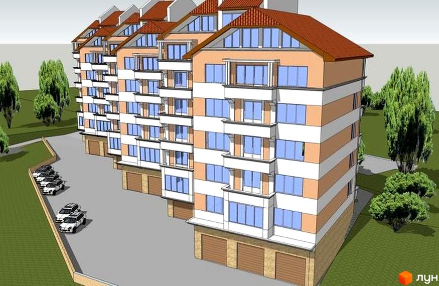 Зовнішній вигляд житлового комплексу Морський з багаторівневими фасадами, балконами та червоним черепичним дахом. На прибудинковій території розташовані зелені насадження та парковка з автомобілями.