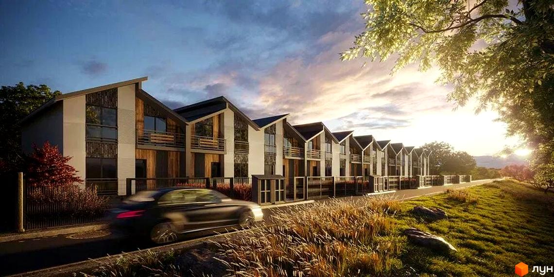 Таунхауси Noble House з двосхилими дахами та дерев'яними елементами фасаду, розташовані біля дороги з травою та деревами.