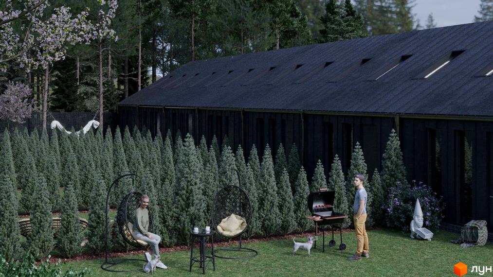 Чорний будинок з великими вікнами та темним дахом. На подвір'ї зелена трава, туї та люди біля мангалу.