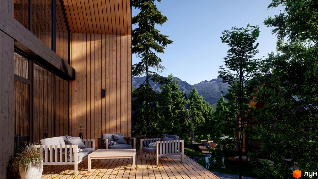 Дерев'яний будинок з терасою та видом на гори. На терасі розташовані меблі для відпочинку, поруч зелені насадження та діти.