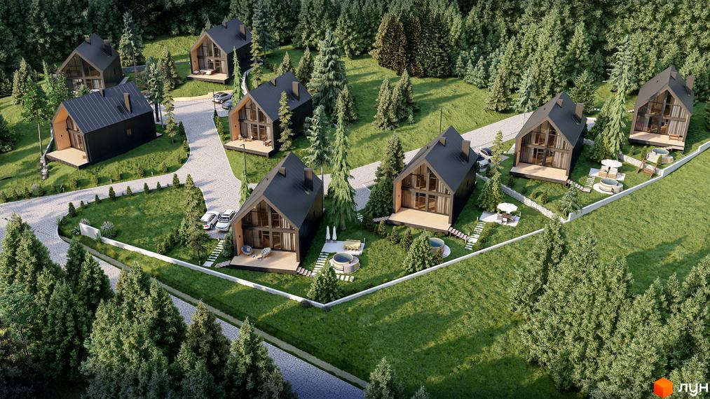 Котеджі з темною покрівлею та панорамними вікнами в оточенні лісу. На території розташовані тераси, джакузі та місця для відпочинку.