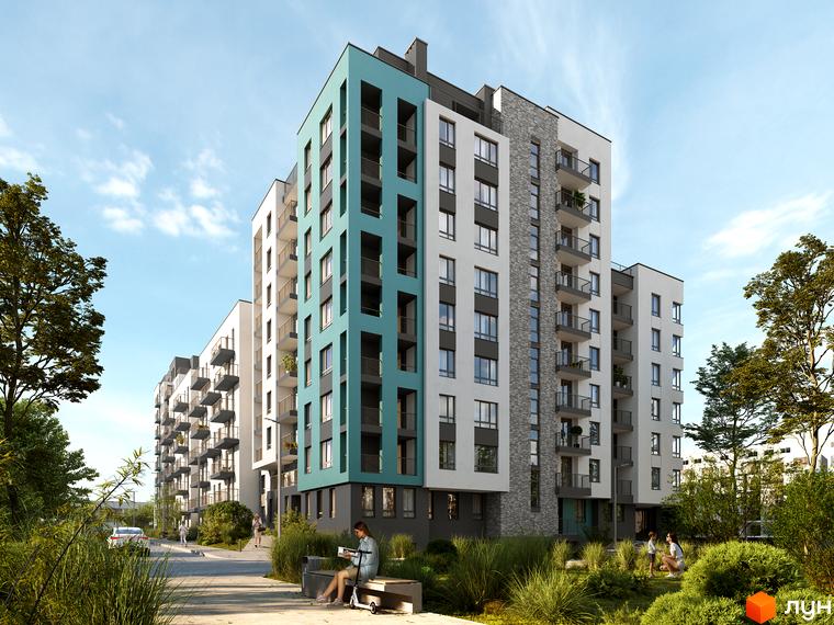 Зображення фасаду Житлового комплексу Well Home з прибудинковою територією. На передньому плані люди відпочивають на лавці.