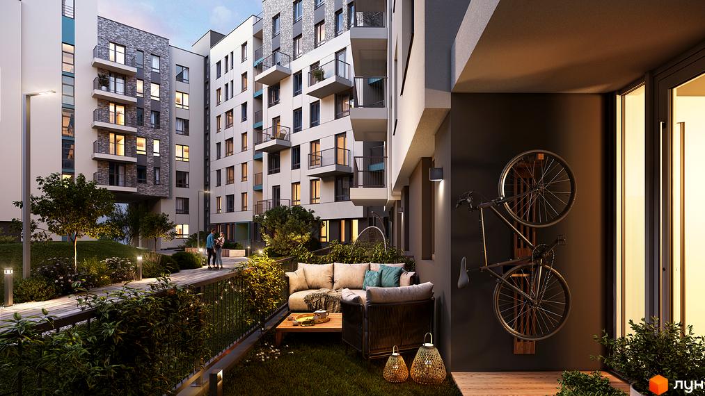 Зображення фасаду та прибудинкової території Житлового комплексу Well Home з лаунж зоною на терасі.