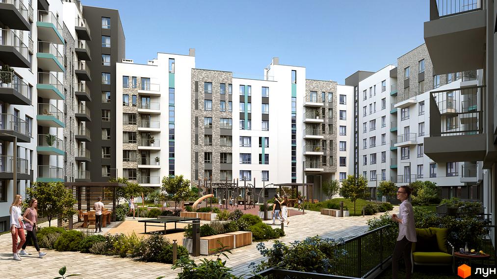 Зображення житлового комплексу Well Home з внутрішнім двором, дитячим майданчиком та місцями для відпочинку.