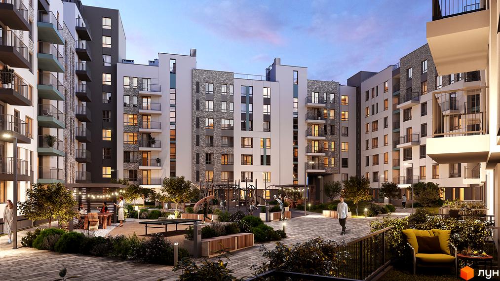 Зображення Житлового комплексу Well Home з виглядом на внутрішній двір з дитячим майданчиком та місцями для відпочинку.