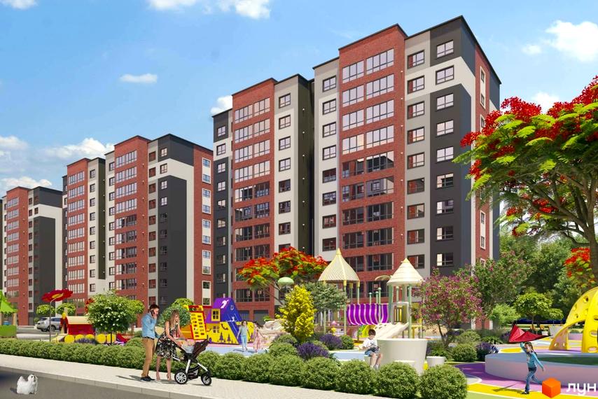 Житловий комплекс AVILA CITY з цегляним фасадом та дитячим майданчиком. Сучасна новобудова з зоною відпочинку.