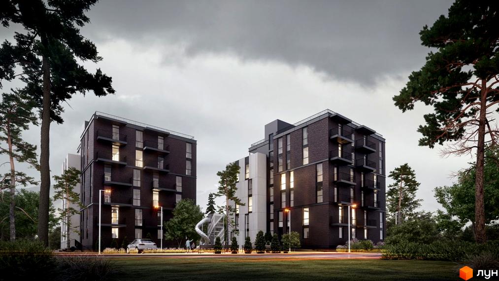 Житловий комплекс Horizon: два багатоповерхові будинки з темно-цегляними фасадами та балконами, оточені соснами та дитячим майданчиком.