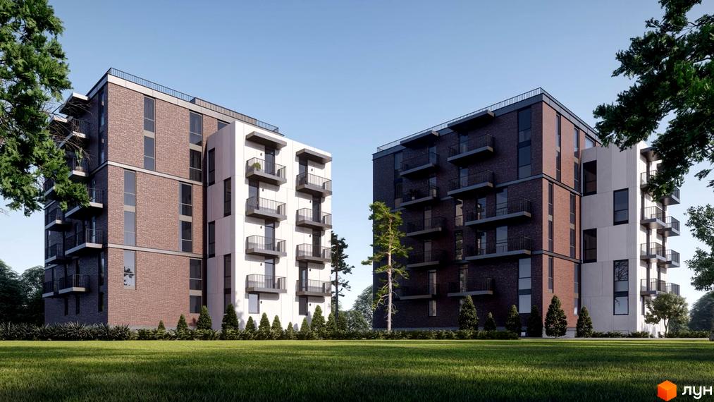 Зображення фасаду та прибудинкової території Житлового комплексу Horizon. Два будинки з балконами та зелений газон.