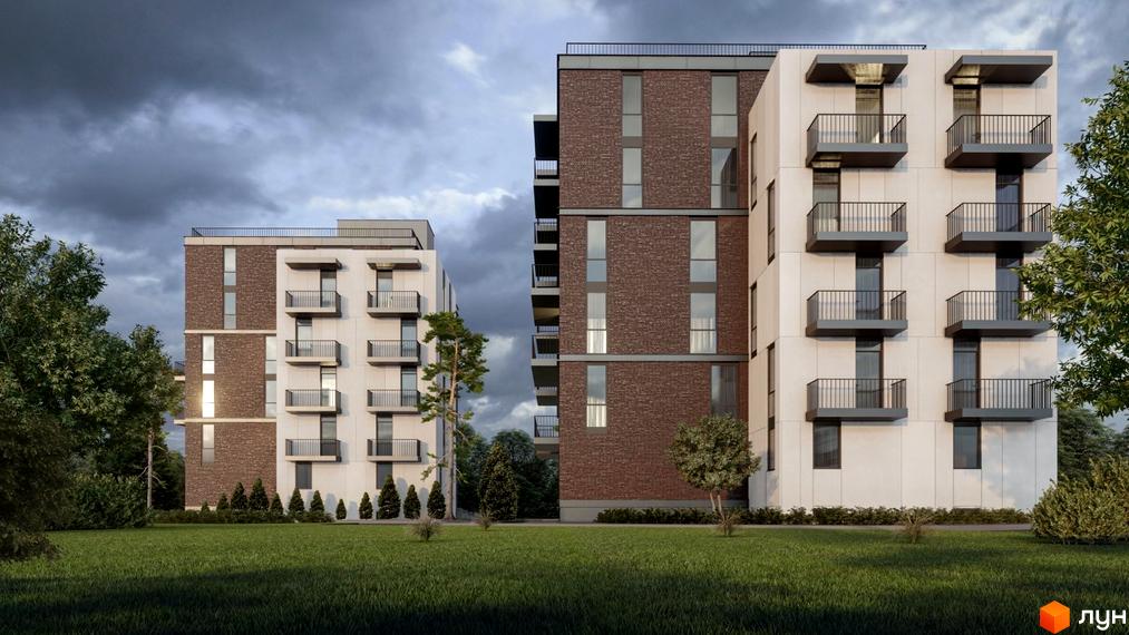 Зображення фасаду будинку в Житловому комплексі Horizon з балконами та прибудинковою територією з газоном.