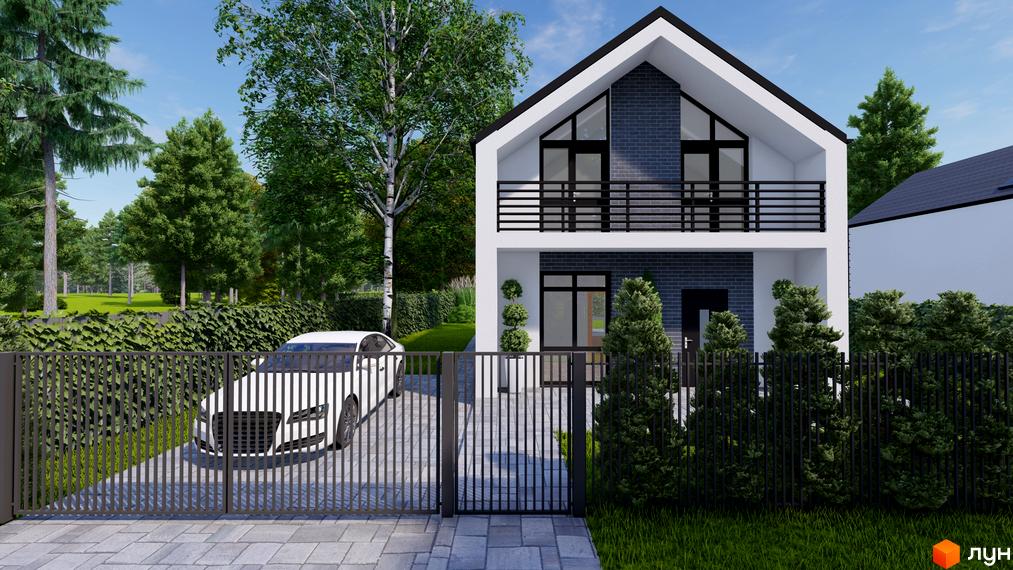 Зображення двоповерхового будинку в Котеджному містечку ForestHouse з балконом та автомобілем на подвір'ї.