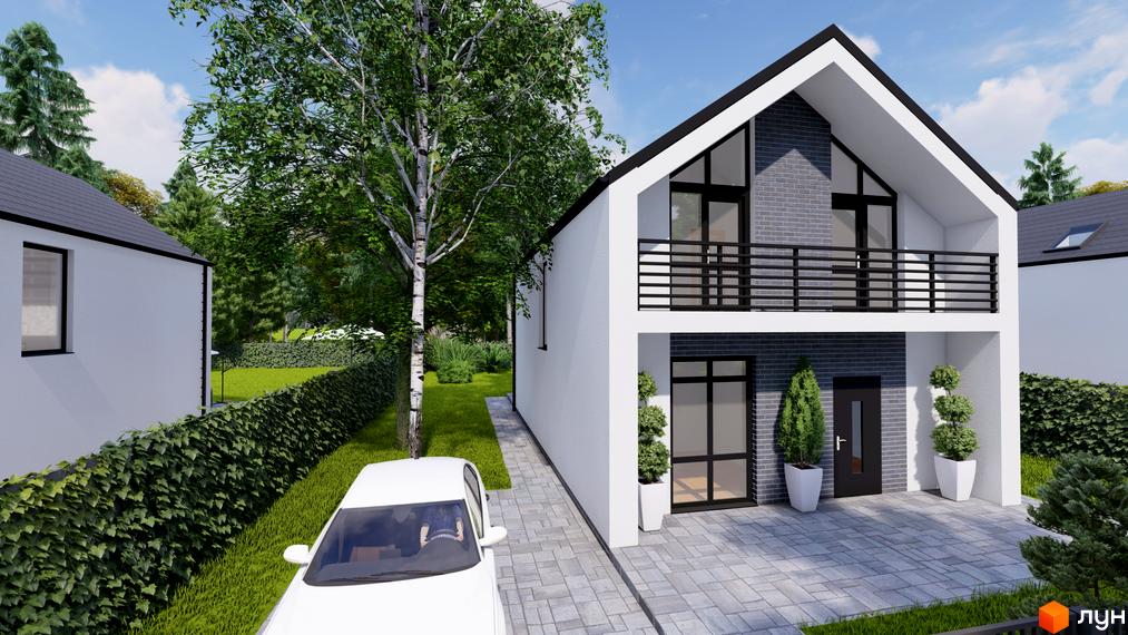 Зображення двоповерхового будинку в Котеджному містечку ForestHouse з балконом та великими вікнами. Навколо зелені насадження та доглянутий двір.