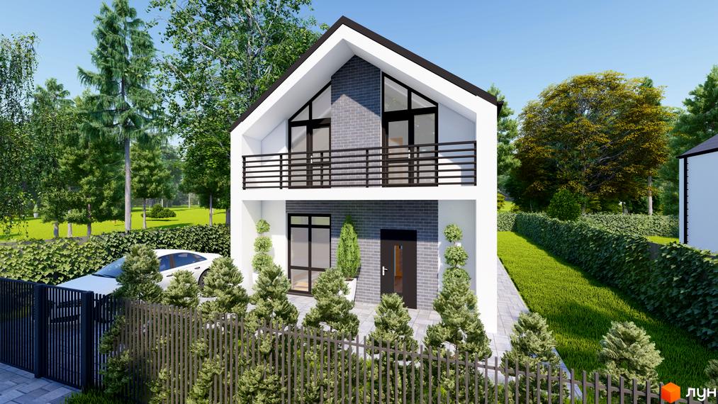 Котеджне містечко ForestHouse: білий двоповерховий будинок з чорним дахом, балконом та сірою цегляною обробкою. Прибудинкова територія з газоном, огорожею та деревами.