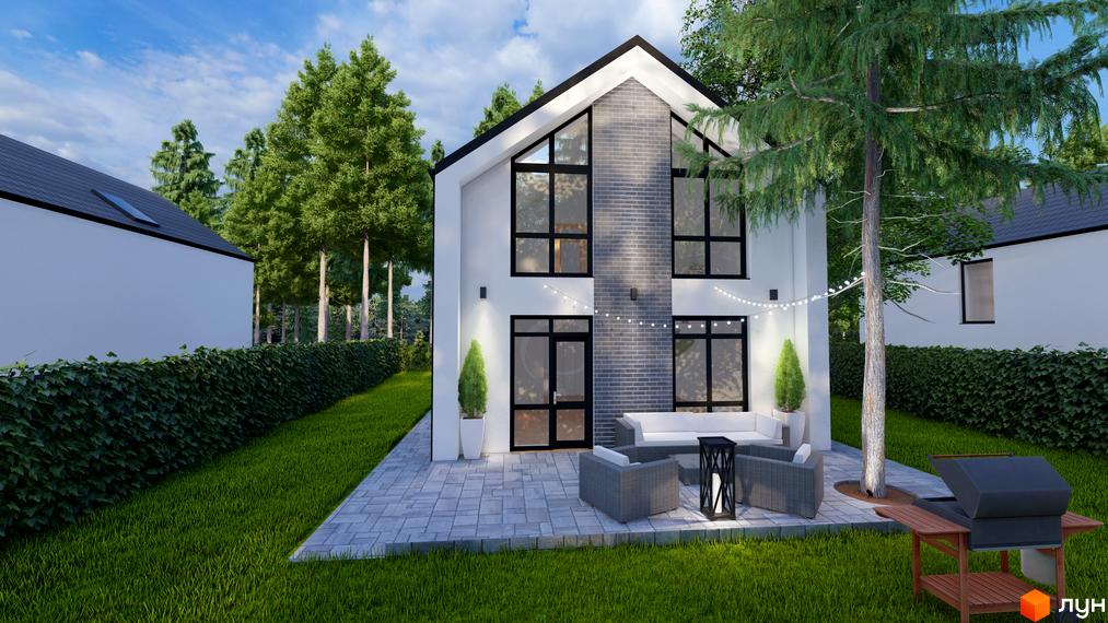 Зображення будинку в Котеджному містечку ForestHouse з великими вікнами та терасою. Навколо будинку зелений газон та дерева.