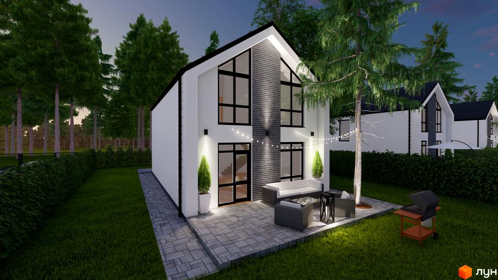 Зображення Котеджного містечка ForestHouse з двоповерховим будинком та зоною відпочинку на подвір'ї. Навколо зелений газон та дерева.