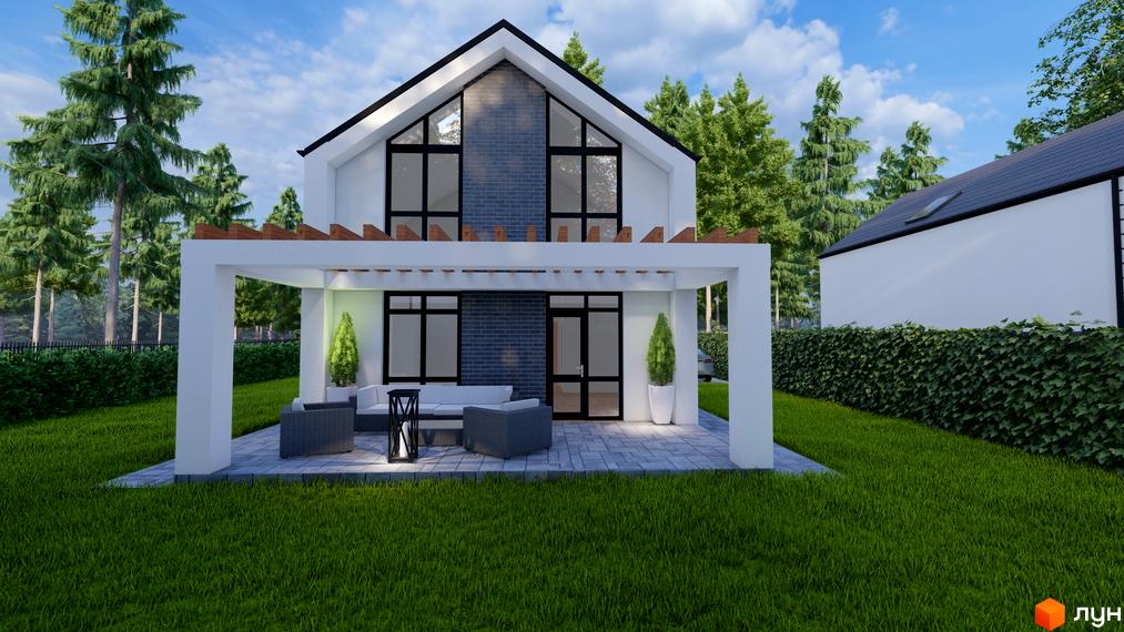 Зображення будинку в Котеджному містечку ForestHouse з великими вікнами та терасою. Навколо зелений газон та дерева.