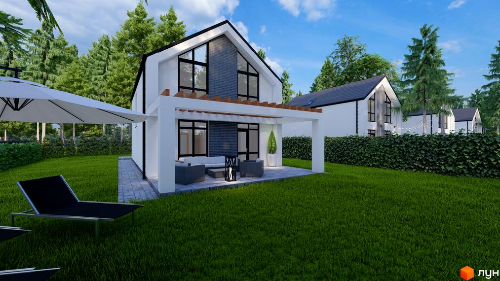 Зображення Котеджного містечка ForestHouse з двоповерховими будинками та великою зеленою галявиною. На задньому плані ліс та інші будинки.