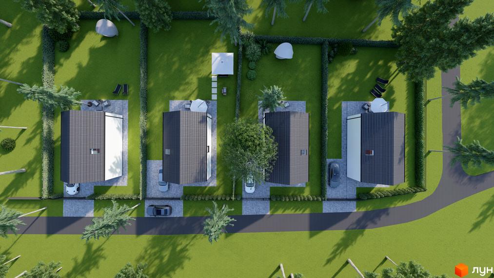 Зображення Котеджного містечка ForestHouse з висоти пташиного польоту. На фото будинки з темними дахами та світлими стінами, зелена прибудинкова територія.