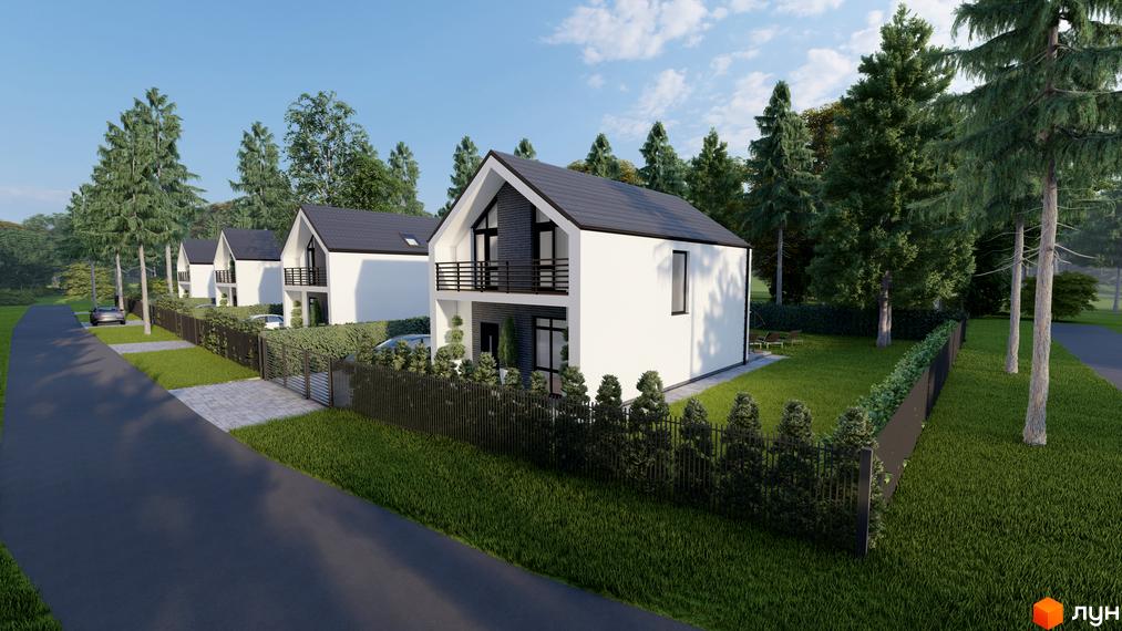 Зображення будинків у Котеджному містечку ForestHouse. Двоповерхові котеджі з чорними дахами та білими стінами, огороджені парканом.