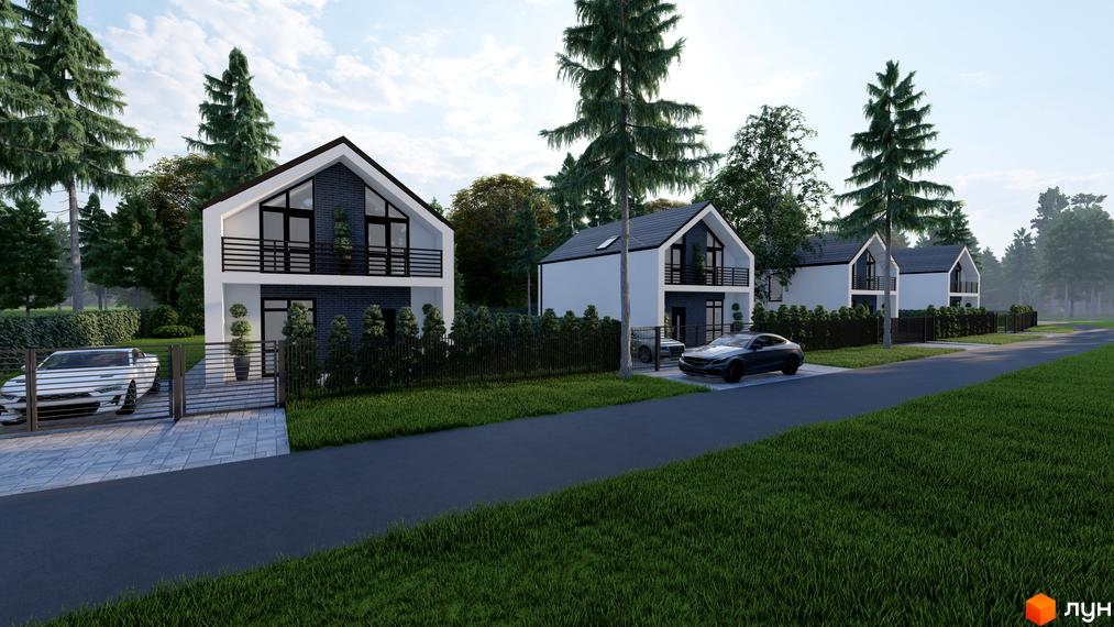 Зображення Котеджного містечка ForestHouse: двоповерхові будинки з балконами та панорамними вікнами, зелені насадження навколо.