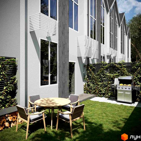Фасад Таунхаусів IHOUSE VILLAGE з білими стінами та високими вікнами. На прибудинковій території зелений газон, обідня зона та зона барбекю.