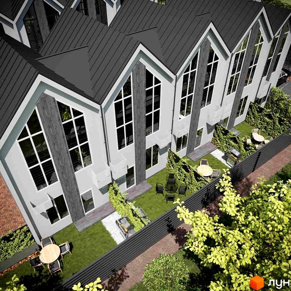 Таунхауси IHOUSE VILLAGE з темними дахами, світлими фасадами та великими вікнами, оточені зеленими газонами з облаштованими зонами відпочинку.